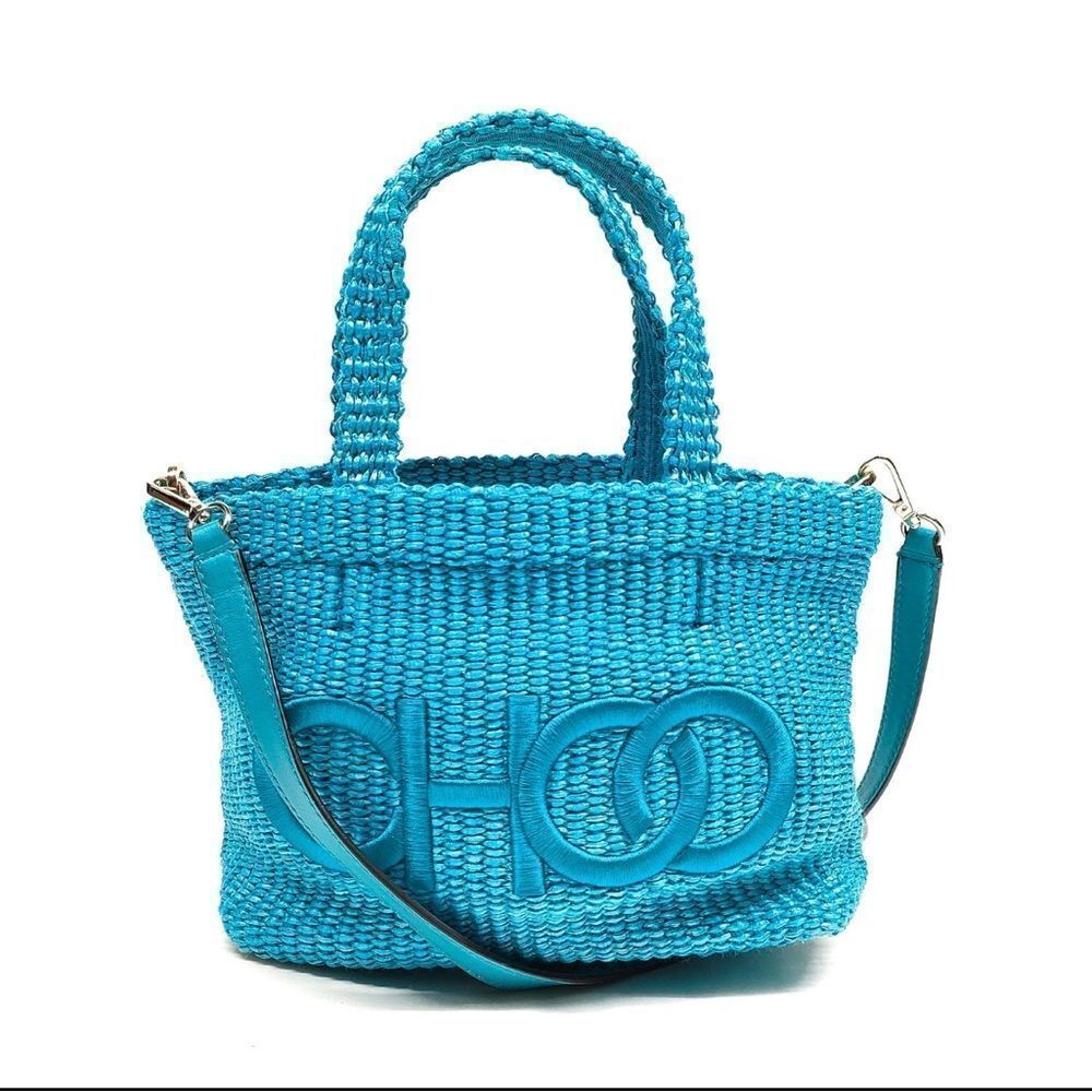 Auth Jimmy Choo Green Blue Cyan Woven Raffia East West Mini 2way Tote Beach Bag